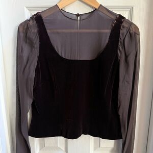 Dark Brown Velvet Sheer Silk Chiffon Long Sleeve Top Womens 8 Button Down party